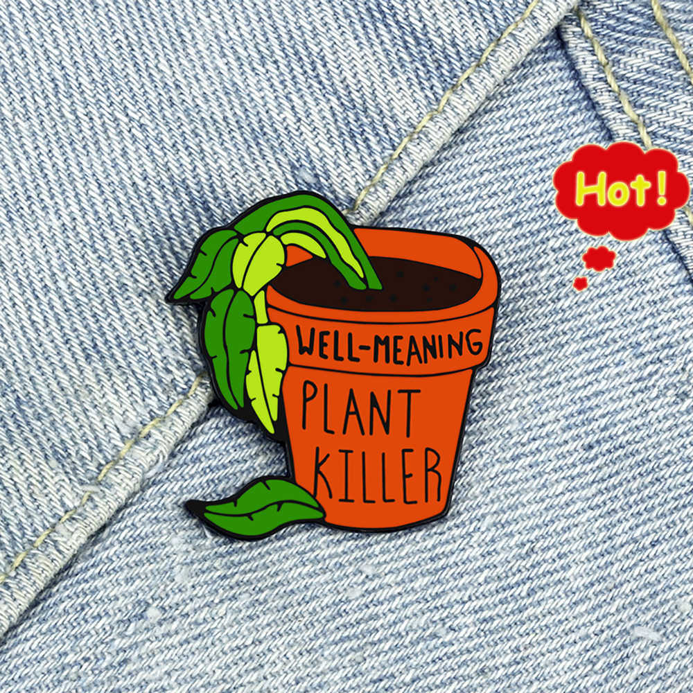 Funny Plant Killer Enamel Pins Cartoon Wilted Potted Plants Brooches Cute Backpack Lapel Pin Badge Jewelry Gift for Kids Friends