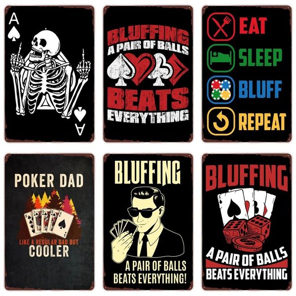 Funny Poker Retro Vintage Metal Tin Sign Bluffing Art Poster Bar Cafe Pub Home Casino Decor Poker Papa Wall Painting Plaque 30X20cm W03