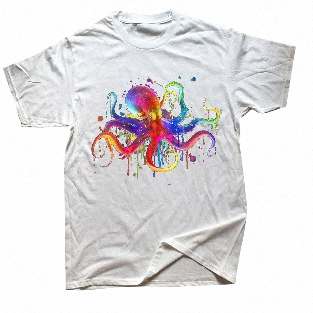 Grappige Regenboog Octopus psychedelische Kleurrijke Octopus T-shirt Mannen Vrouwen Fi Casual Korte Mouw Plus Size T-shirt Unisex D6IR #