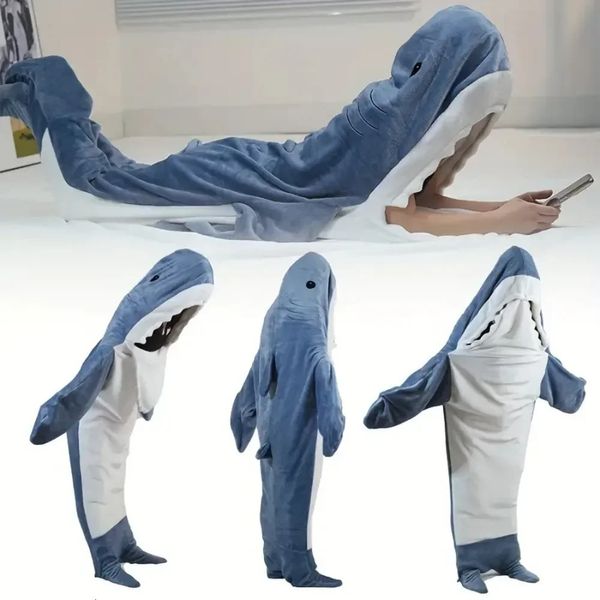 Couverture de requin drôle à capuche Shark Onesie sac de couchage femmes portable Kigurumi enfants Parents à capuche chaud flanelle dessin animé Homewear 240122