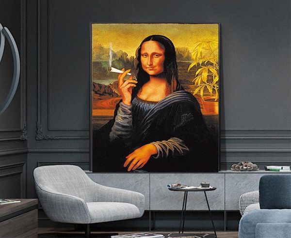 Pintura al óleo divertida de Mona Lisa para fumar, arte famoso, pintura en lienzo, imágenes artísticas de pared para sala de estar, decoración del hogar, sin marco 3435814