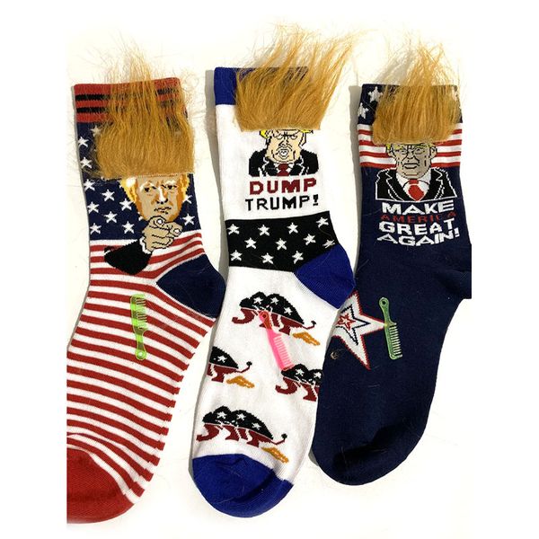 Chaussettes drôles d'équipage de Trump avec des cheveux jaunes femmes hommes bas de sport de bande dessinée chaussette Hip Hop