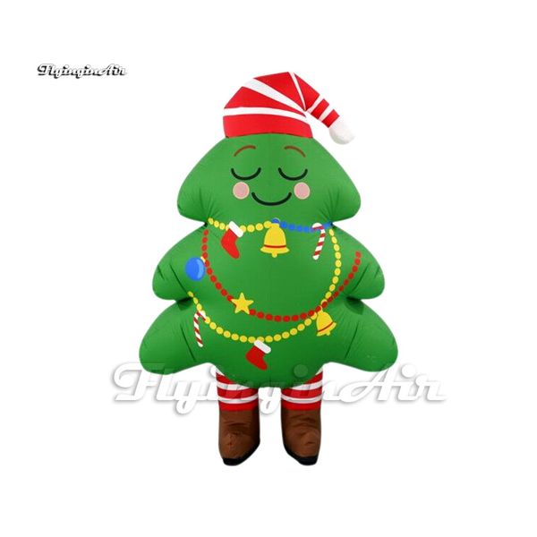 Divertido disfraz de Navidad inflable usable 2m ropa de personaje de dibujos animados caminar soplar traje de árbol de Navidad con sombrero para espectáculo de desfile
