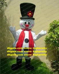 Grappige witte sneeuwman sneeuwman mascotte kostuum mascotte volwassen met grote zwarte hoed grote rode neus glimlachend gezicht nr. 1777