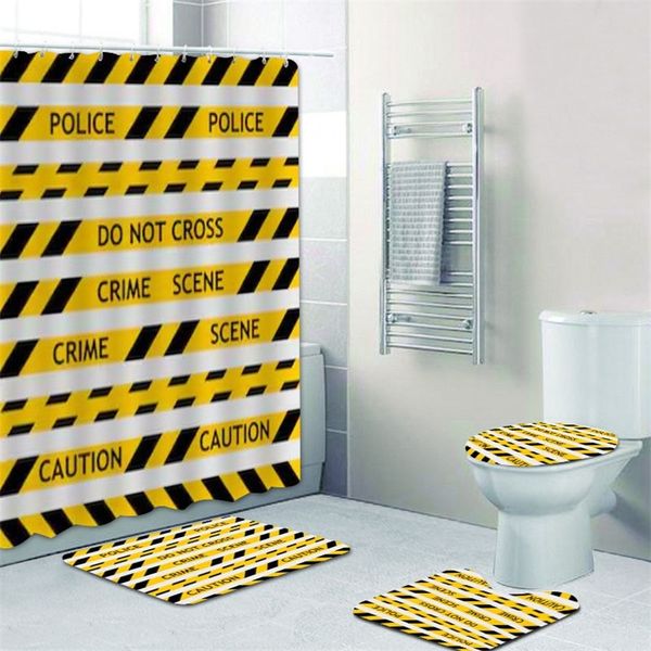 Ensemble de rideau de douche avec ligne de bande de scène de crime jaune drôle, pour salle de bain, panneau d'avertissement, décoration de maison, tapis de bain, 180x200, 220429