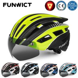 FUNWICT MTB Cycling Helmet Goggles Visor achterlicht Road Bicycle Safety for Men Motorcycle Scooter Mountain Racing Bike Helmen 240422