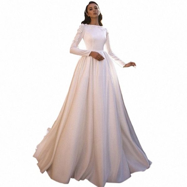 Funyue musulmán boda civil Dres 2023 3D FRS encaje satinado novia Dr LG manga vintage árabe vestidos de boda formales z8uU #
