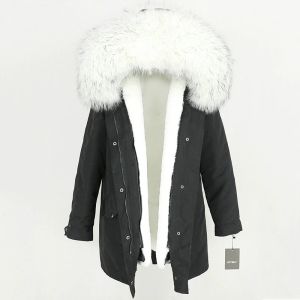 Fourrure 2022 imperméable longue Parka veste d'hiver femmes réel manteau de fourrure naturel fourrure de raton laveur garniture capuche fausse fourrure doublure détachable Streetwear