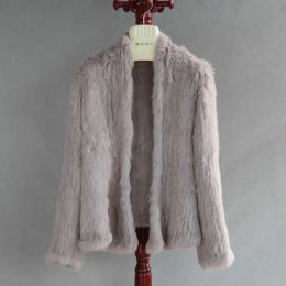 Fourrure 2023 Fashion Tricoted Real Rabbit Fur Coat femelle Femme Long Manche hiver