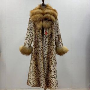 Abrigo de invierno con estampado de leopardo para mujer, Chaqueta larga de piel auténtica Natural con cuello de solapa de zorro, gran oferta, 2023