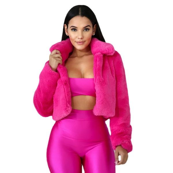 Fourrure 2023 Veste courte en fausse fourrure pour femme, veste matelassée en peluche sexy, vêtements d'extérieur d'hiver, revers féminin, veste moelleuse, manteaux de fourrure minces