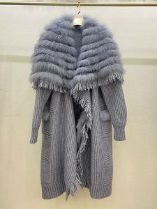 Fourrure 2023 femmes automne réel fourrure de renard tricot surdimensionné manteau col de fourrure de renard dame mode Long pull longueur 110cm
