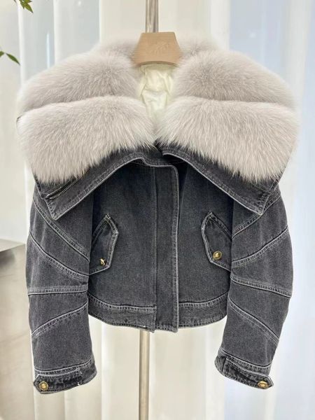 Piel 2023 mujer invierno grueso gris cuello de piel de zorro Real Denim chaqueta de plumas de ganso piel de zorro de abrigo abrigos vaqueros de mujer Parka chaqueta vaquera