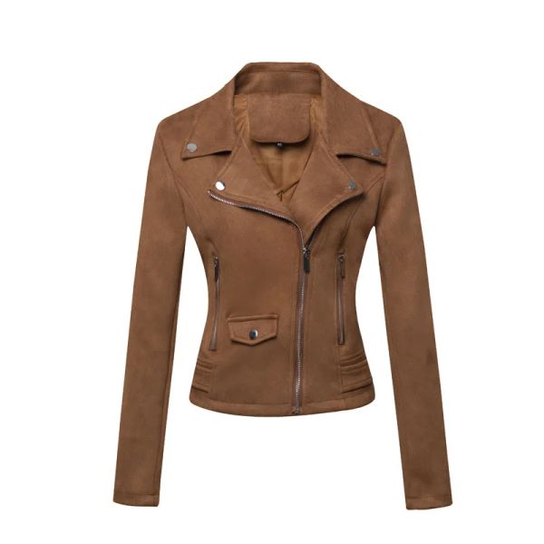 Veste en fausse daim pour femmes, manches longues, col cranté, fermeture éclair, vêtements d'extérieur décontractés, Slim, manteau de motard, automne 2023