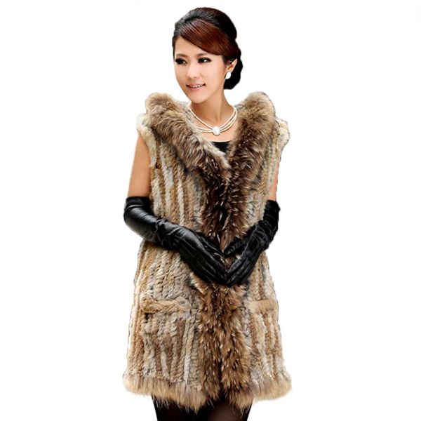 Fourrure Automne Hiver Femmes Naturel Fourrure De Lapin À Capuchon Gilet Manteau Dame Mode Tricot Long Gilet Avec Col De Fourrure De Raton Laveur En Gros