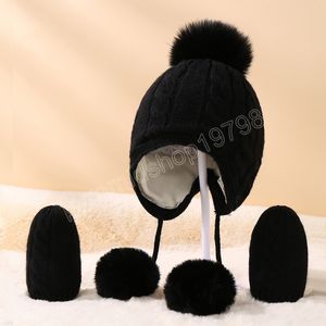 Boule de fourrure bébé chapeau gants ensemble automne hiver enfants tricoté chapeaux pompon polaire doublure bébé Bonnet infantile Beanie enfant en bas âge trucs