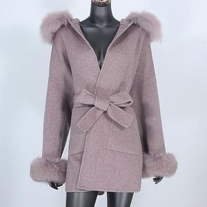 Fur Bluenessfair 2022 Real Fur Coat Veste d'hiver Veste femme Natural Fox Collier de fourrure Cuffs Cashmere Wool Blends Oversize Overwear Fashion
