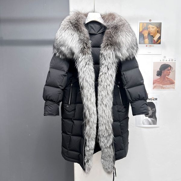 Abrigo de piel chaquetas de diseñador cuello de piel de zorro chaqueta de plumón de ganso blanco abrigo largo de mujer parkas ropa de invierno gruesa y cálida cazadoras para mujer