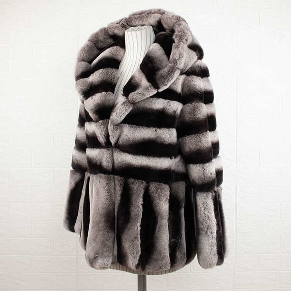 Manteau de fourrure Istanbul à capuche hiver femmes teint Chinchilla Rex lapin