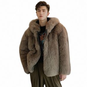 Manteau de fourrure pour hommes, nouvelle veste courte en fourrure de renard, automne/hiver, manteau en laine, veste décontractée à capuche en cuir pour hommes W36m #