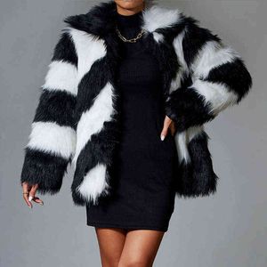 Manteau de fourrure pour femmes, couture poilue, double face, rayures noires et blanches, manches longues, revers 211207