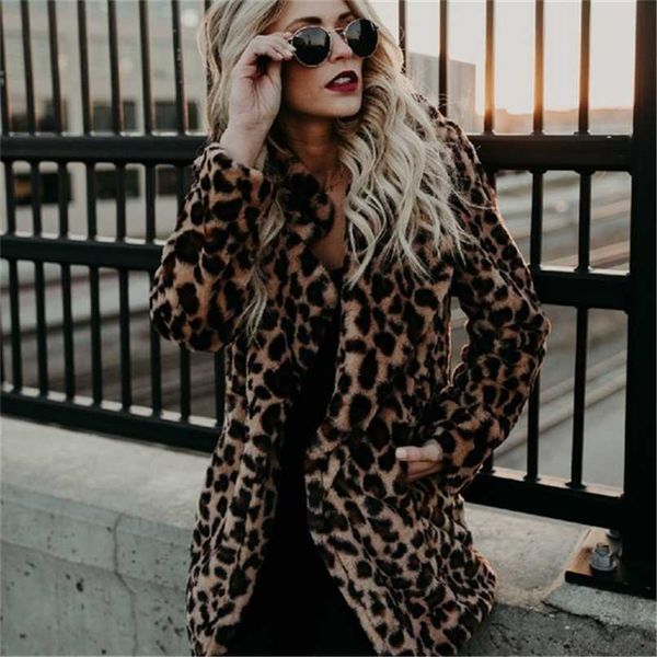 Abrigo de piel Mujer Invierno Tallas grandes Leopardo Faux Fluffy Hair Jacket Cardigan Warm Long Cape 211130