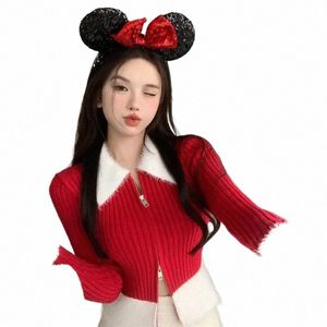 Col de fourrure Cardigan Pull Femmes Fausse Fourrure Y2k Crop Tops Élégant Fi Zipper Manteau Tricoté Coréen Style Populaire Rouge Rose Noir h8xH #