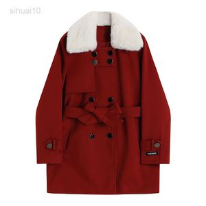 Manteau de laine à col de fourrure femmes hiver rouge noël nouveau double boutonnage à lacets épais mi-long à manches longues femme manteau de coton L220725