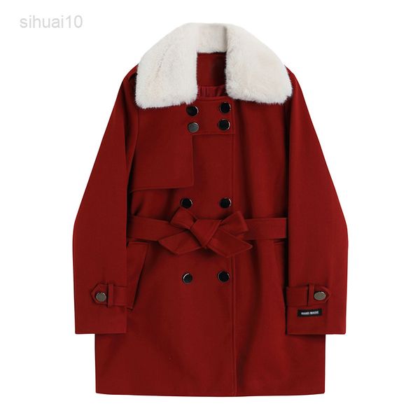 Manteau de laine à col de fourrure femmes hiver rouge noël nouveau double boutonnage à lacets épais mi-long à manches longues femme manteau de coton L220725