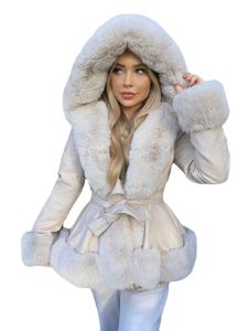 Fur EE1492 PU Leather Short Jackets Women Fashion Tie Belt Taille Coats Women Elegante Faux Fur Hooded Coazed Coats vrouwelijke bont beklede dames