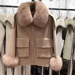 Manteaux en laine et cachemire véritable Vintage européen, avec deux grandes poches, veste à col en fourrure de renard véritable, 2023