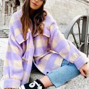 Fash Fashion New Winter Leisure Longitud larga de lana Purple Purple a cuadros Damas de perfil grande chaqueta elegante para mujeres 2021