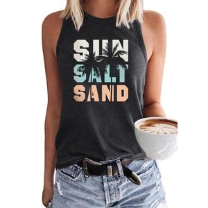Bont Mode Vrouwen Grafische Tank Tops Zon Zout Zand Strand Kokospalm Shirts Mouwloze Zomer T-shirts Vakantie Workout Casual