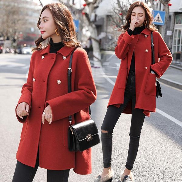 Fash Fashion Women's Woolen Coat Maple Feak Red Elegant Lady Chaqueta Otoño Nuevo Agrupo de lana mezclada doble