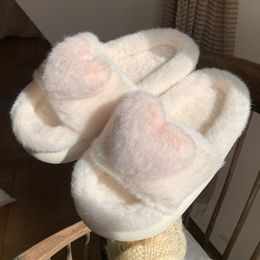 Fur Fluffy Heart Love Women Warm Open Toe pluche traagschuim slijglijders Home Winter Indoor schoenen 230203 7644