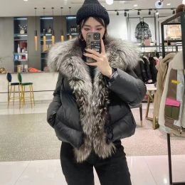 Fur FURTJY-abrigo de piel auténtica para mujer, chaqueta de plumas de ganso blanco, cuello de piel plateado de gran tamaño, piel grande, grueso, nuevos de abrigo