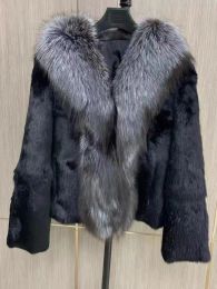 Fourrure Furyoume femmes hiver réel manteau de fourrure véritable fourrure de lapin veste courte avec grand col de fourrure de renard naturel épais chaud pardessus Streetwear