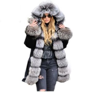 Bont Echt Zilver Vos Bontkraag Capuchon Lange Casual Parka Vrouwen Winter Echt Bont Voering Jas Vrouw Warme Jas Vrouwelijke