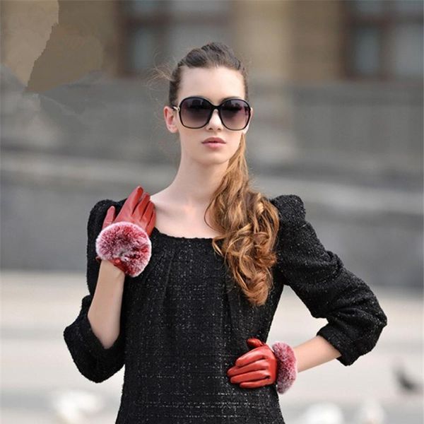 Gants d'hiver en fourrure pour femmes, en cuir véritable, thermique, doigt complet, pour la conduite en plein air, écran tactile, noir, rouge, marron