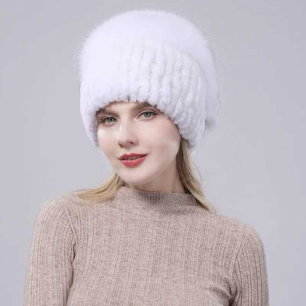 Sombreros de piel para mujeres Invierno Rex Rex Rabbit Hat Fox Fur Kniting Femenina de nieve cálida Damas Damas Elegantes Gorios Capas 230920