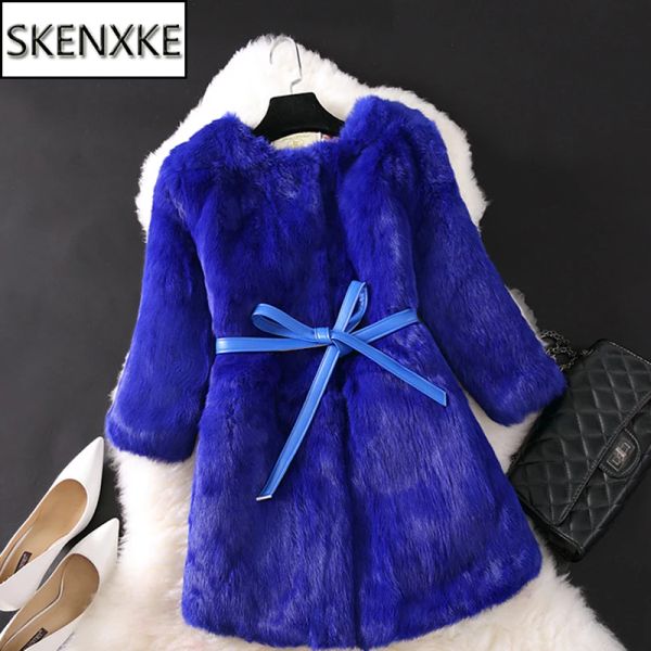 Piel gran oferta mujer marca invierno 100% abrigo de piel auténtica de conejo Calor natural chaqueta de piel de conejo señora moda larga ropa de abrigo de piel Real