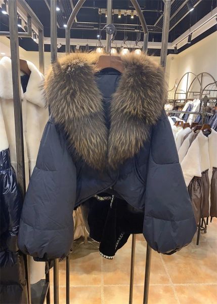 Gran oferta de piel, nuevo abrigo de piel auténtica de mapache con capucha y Cuello de piel de mapache auténtica para mujer, Parka de plumón de ganso, chaqueta Bomber, prendas de vestir exteriores de invierno