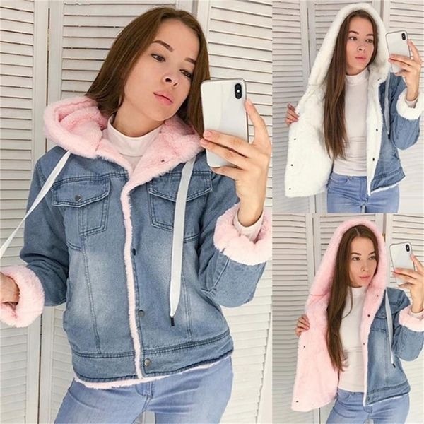 Jeans de fourrure veste femmes à capuche courte automne hiver denim femmes veste manteau plus taille décontracté chaud manteau femme outwear DR2335 201019