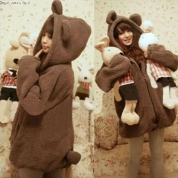 Fourrure Kawaii hiver Tendy fourrure vestes mignon fille manteau petit ours petit lapin avec oreilles queue dessin animé en peluche manteau à capuche pull fille