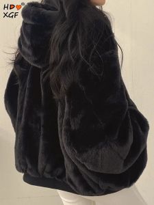 Bont Koreaanse mode verdikking dubbelzijdig dragen namaakbont jas voor vrouwen Winter capuchon rits zwarte bontjassen streetwear eenvoudige top