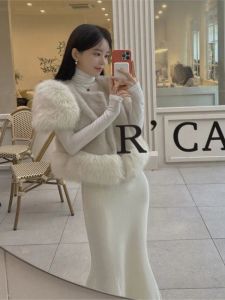 Chaleco de felpa blanco de estilo coreano para mujer, chaqueta con costuras Retro, abrigo de piel de zorro de imitación, chaleco corto, novedad de 2023