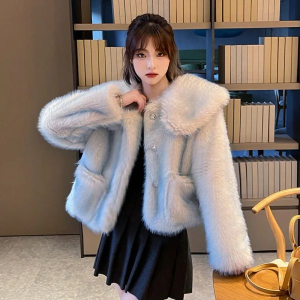 Chaqueta de piel de imitación coreana con cuello de muñeca para mujer, abrigo de piel de imitación azul degradado, abrigo de piel de zorro de imitación de manga larga con una hilera de botones para invierno