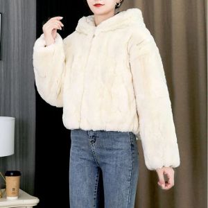 Fur Lady Real Short Rex Rabbit Fur Coat Top Top avec Hood 2023 Fashion Winter Warm Luxury Tissu