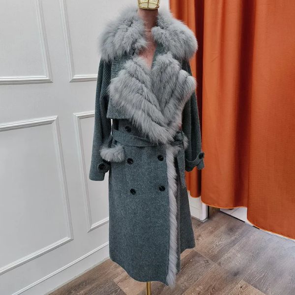 Manteau en laine pour femme, avec col en vraie fourrure de renard, à la mode, veste en fourrure de renard, vêtements chauds d'automne et d'hiver