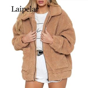 Fourrure laipelar femme fausse veste de fourrure pelucheuse en peluche ours en peluche faux manteau de fourrure zip poche longue manche décontractée streetwear hiver féminin